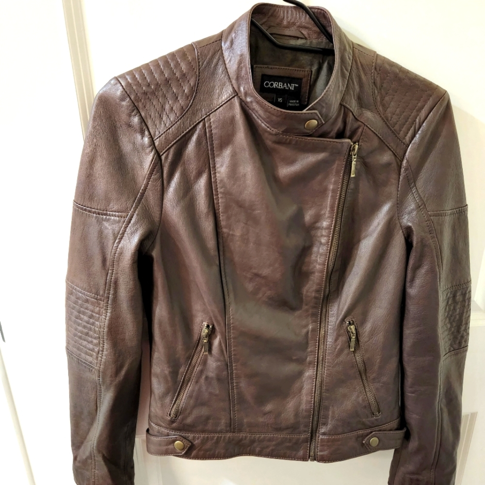 CORBANI Womens Asymmetrical Leather Jacket – Genuine Lambskin Leather (Brown XS)